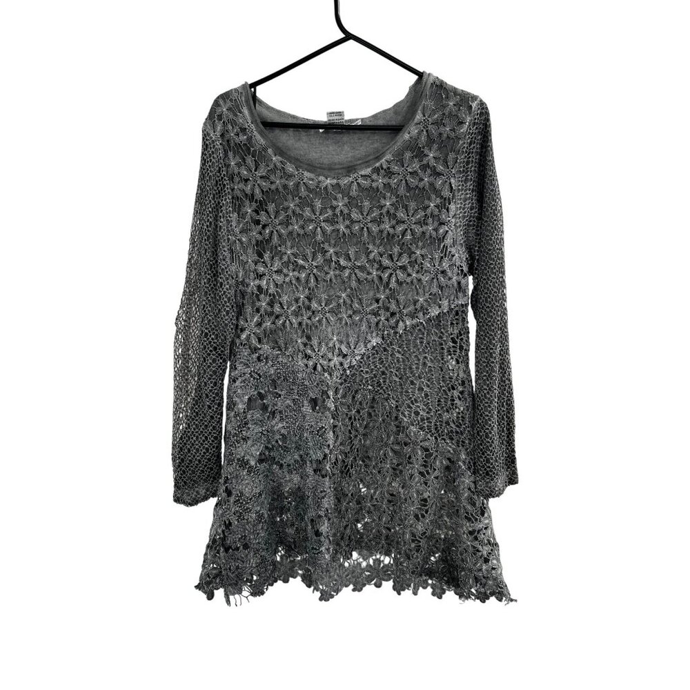 FERATELLI BOUTIQUE Gray Crochet Floral Lace Asymmetrical Boho Tunic Top Small